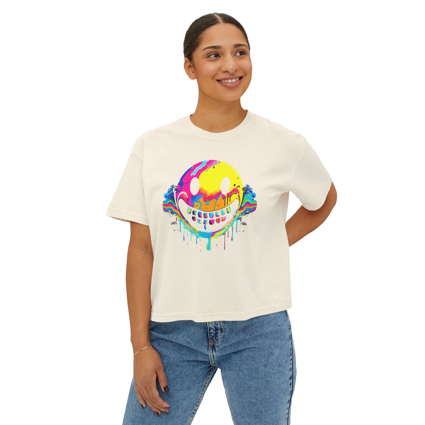 Drip with a Smile Boxy Crop Tee - Trendy Casual Top, Festival Wear, Streetwear, Birthday Gift, Graphic Design Tee