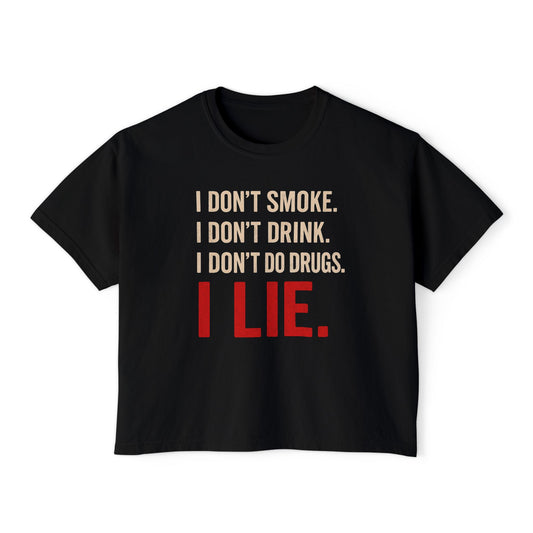 I Lie | Boxy Crop Tee - Trendy Casual Top, Festival Wear, Streetwear, Birthday Gift, Graphic Design Tee